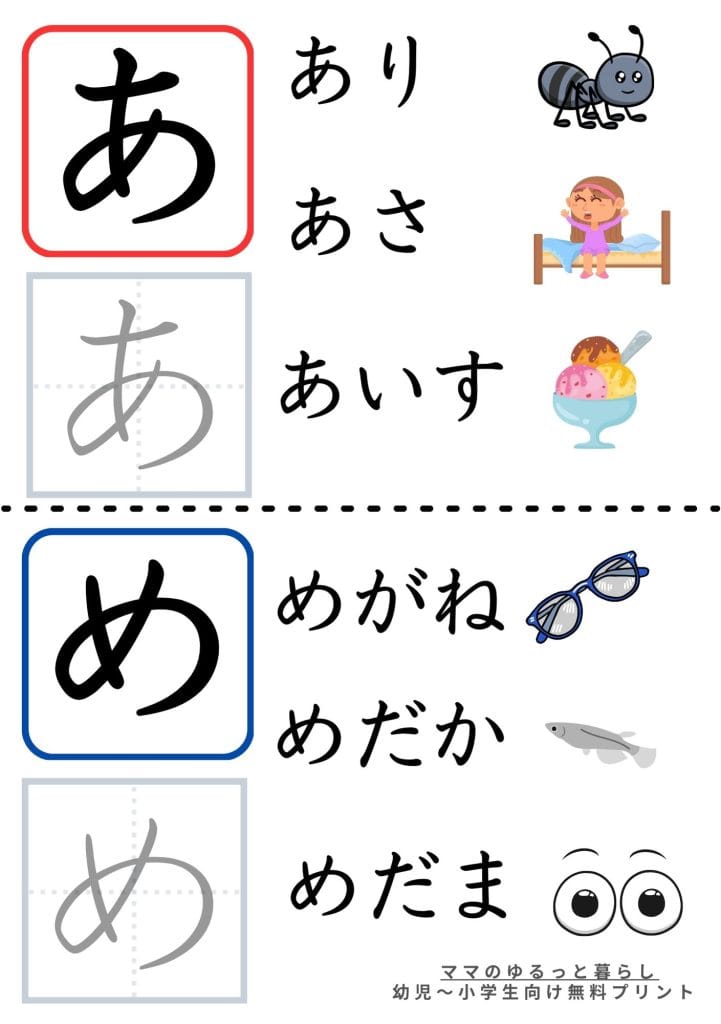 ひらがな単語練習プリント なぞり書き 単語 3歳 4歳 5歳 6歳 知育   小学生国語 入学準備 小1ひらがな46文字の確認プリント チェック欄付 入学準備 (無料・A4サイズ)