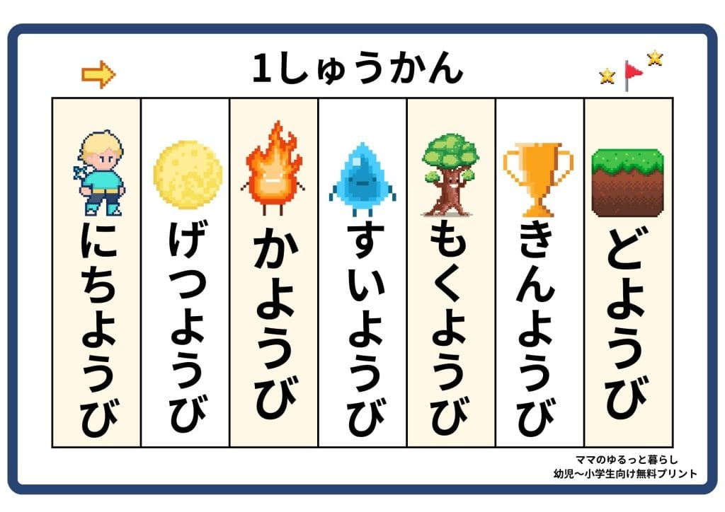 曜日プリント 日曜日始まり ひらがな 3歳 4歳 5歳 6歳 知育 小学生国語(無料ダウンロード・A4サイズ)