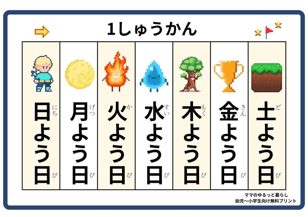 曜日プリント 日曜日始まり 漢字とひらがな 3歳 4歳 5歳 6歳 知育 小学生国語(無料ダウンロード・A4サイズ)