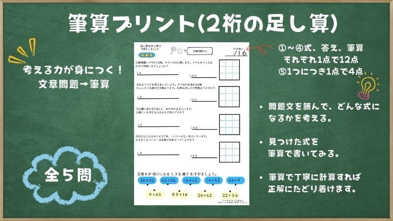 小学2年生で習う筆算プリント3(2桁の足し算)